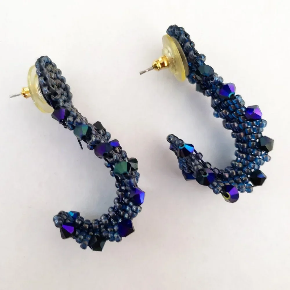 Unique Midnight Blue Black Glass Bead Bendable Wide Earrings Pierced Handmade